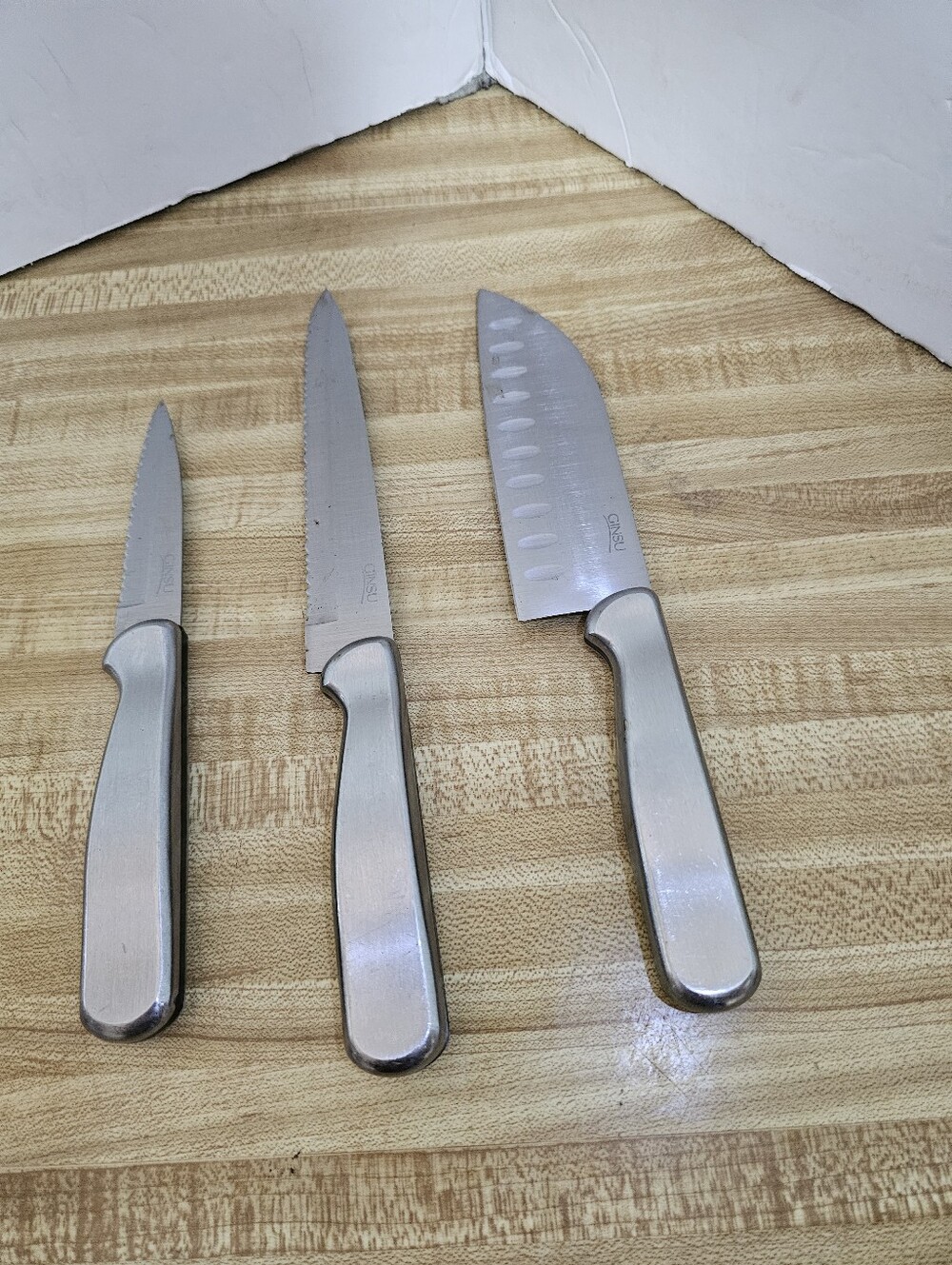 Vintage Ginsu 3 Piece Stainless Steel Knife Set Santoku Utility Paring Used